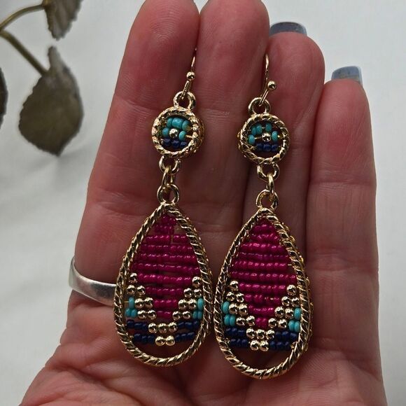 "5/$25" Pink/Turquoise Boho Seed Bead Goldtone Teardrop Dangle Earrings - Picture 5 of 5